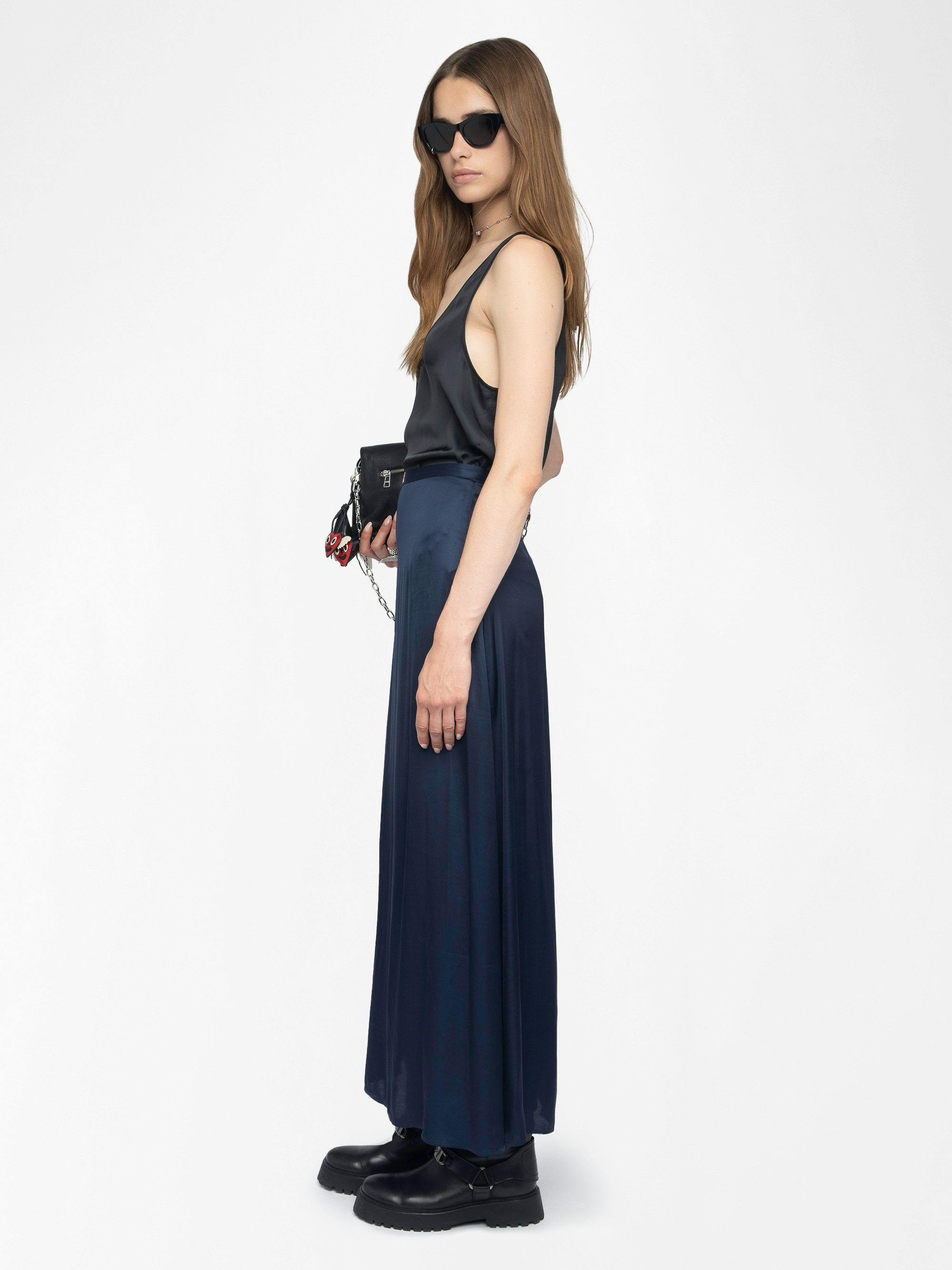 Jimeno Satin Skirt - Long viscose satin skirt with back slit, zip fastening and metal wings on the belt.